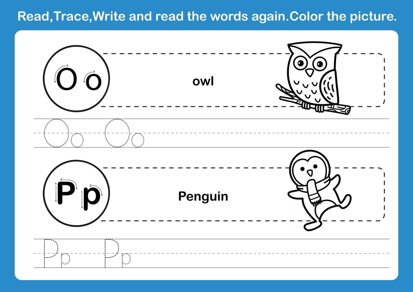 ejercicio de alfabeto op con vocabulario de dibujos animados para colorear vector de ilustración de libro