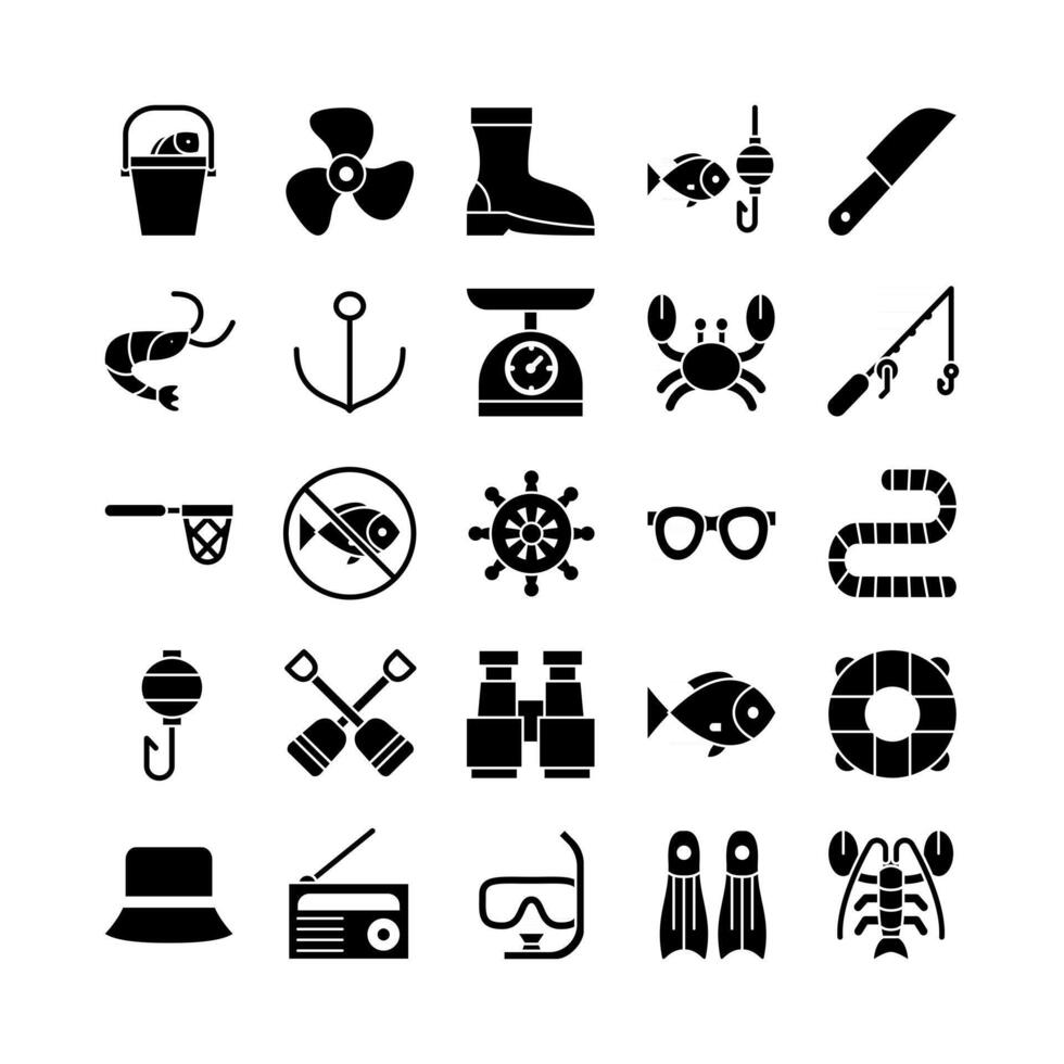 Fishing icon set vector solid for website mobile app presentation social media Suitable for user interface and user experience