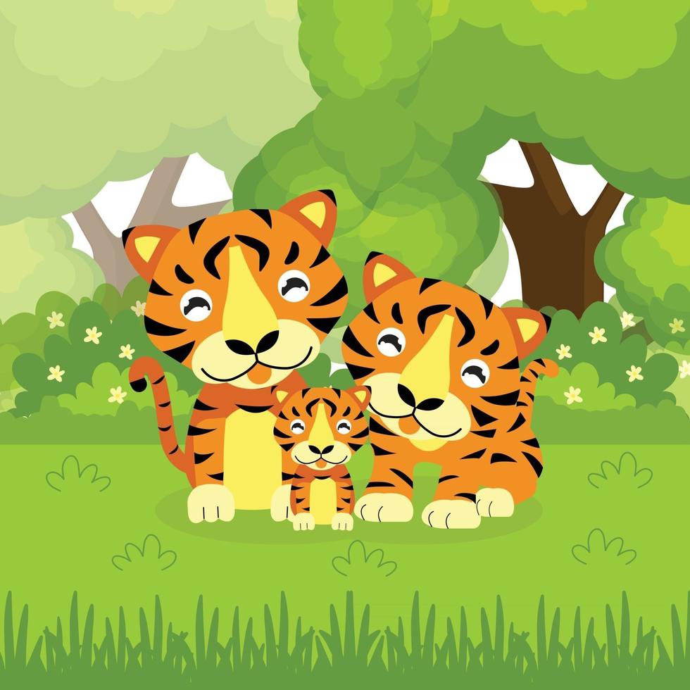 Cute tiger cartoon family in the jungle vector
