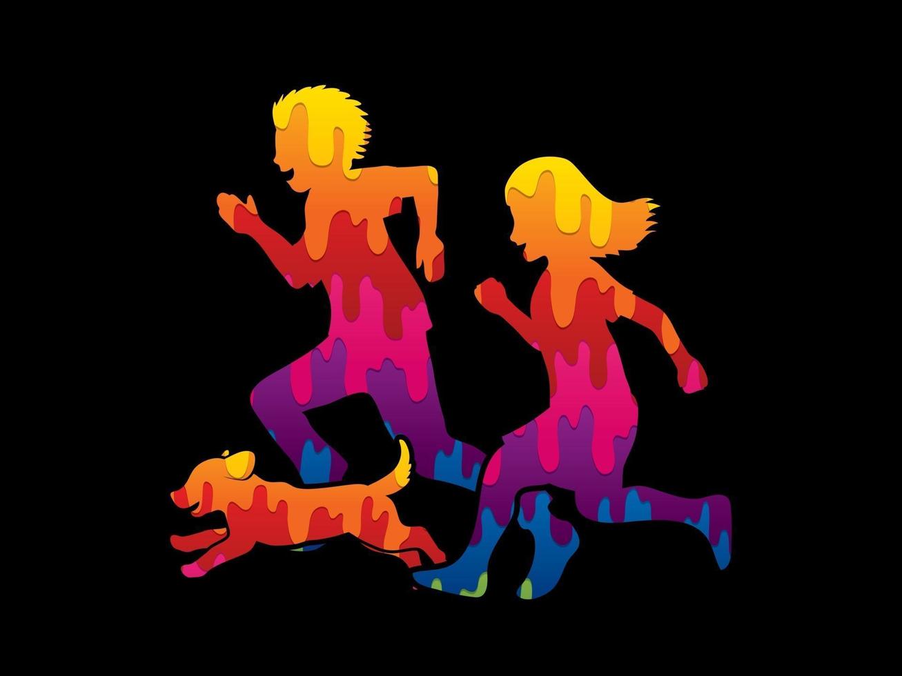 Boy and Girl with Puppy Running Together vector