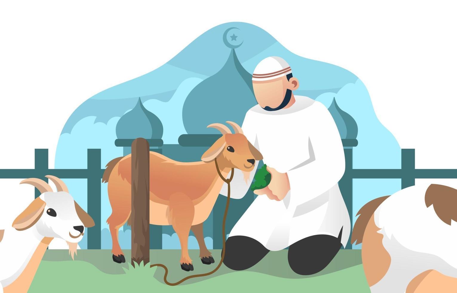 musulmanes y cabras en la celebración del eid adha vector