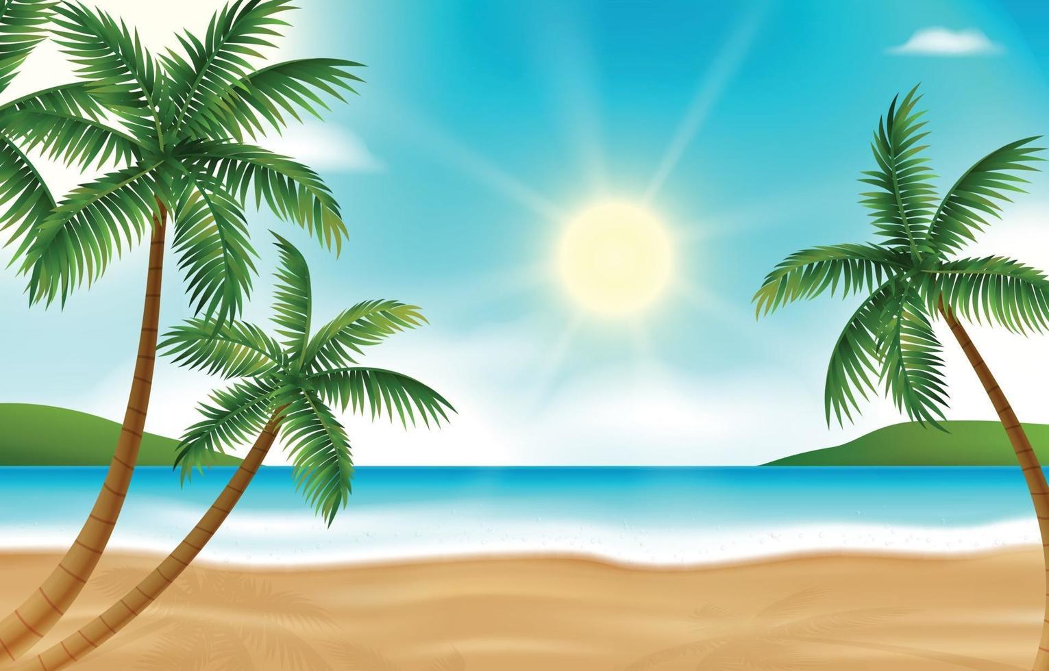 Fondo de paisaje de playa de verano realista con palmeras vector