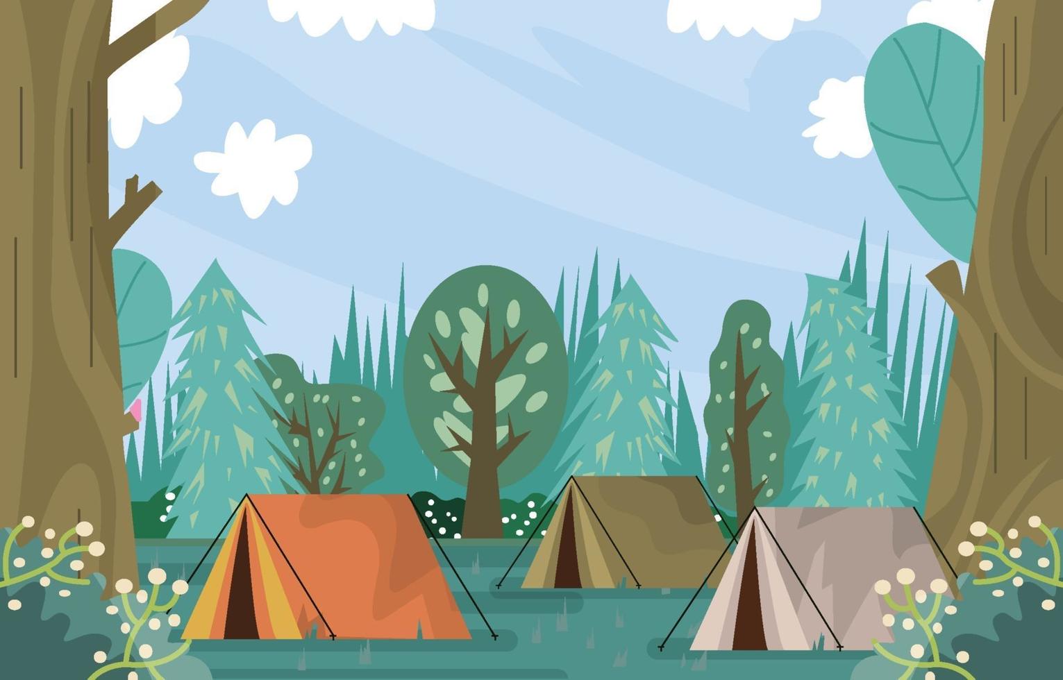 carpas en el bosque en el horario de verano. vector