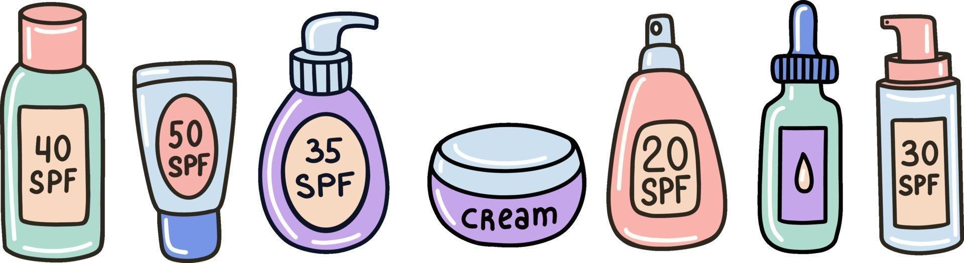 Vector illustration of bottles and jar of assorted sunblock products and cream for skin care procedure