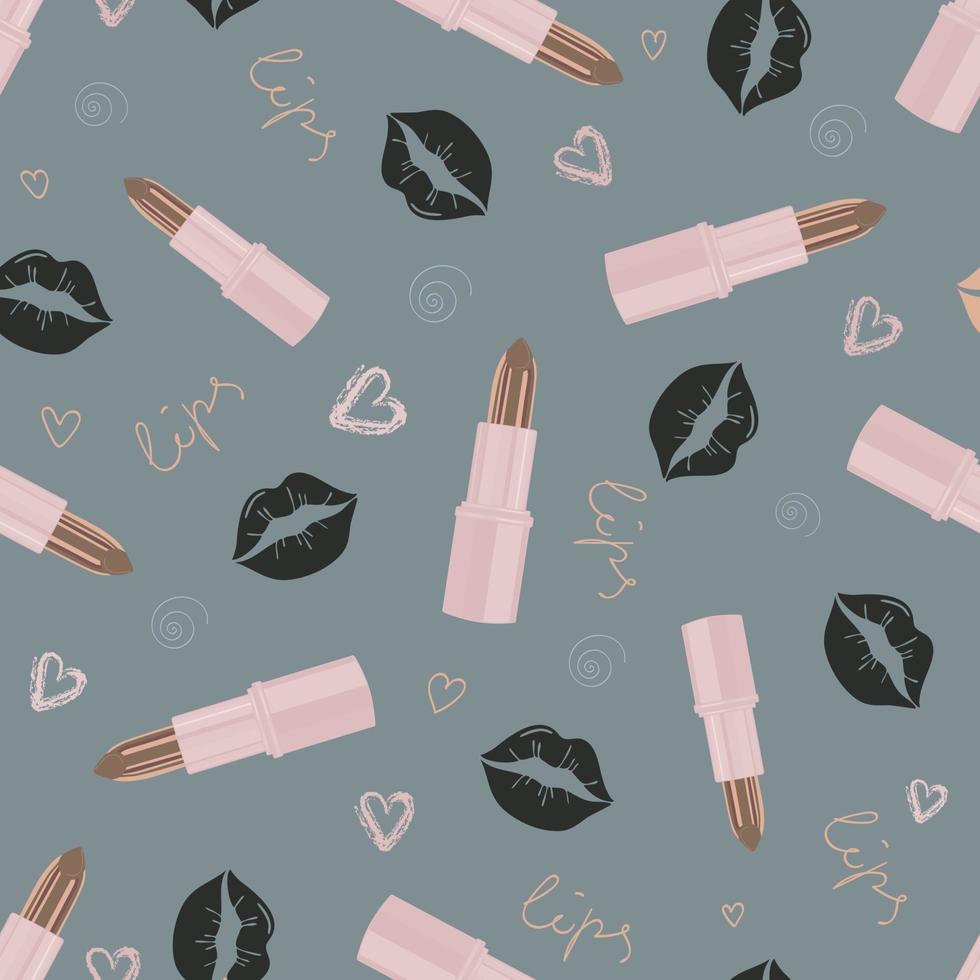 Glamorous fashion seamless pattern with lipstick and kisses. Cosmetic seamless pattern in modern trendy colors. Design for beauty, advertising, Valentine s Day. Vector illustration