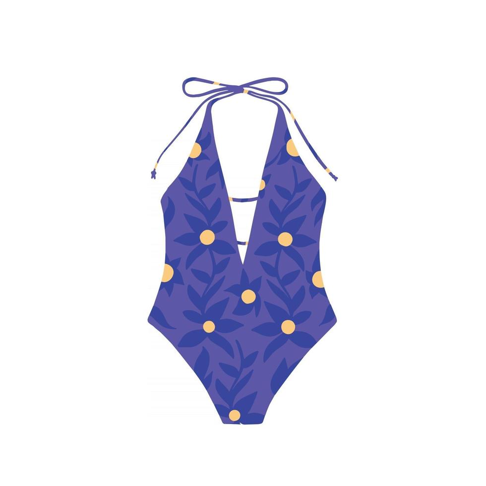 Purple swimsuit with floral print. Vector flat  illustration