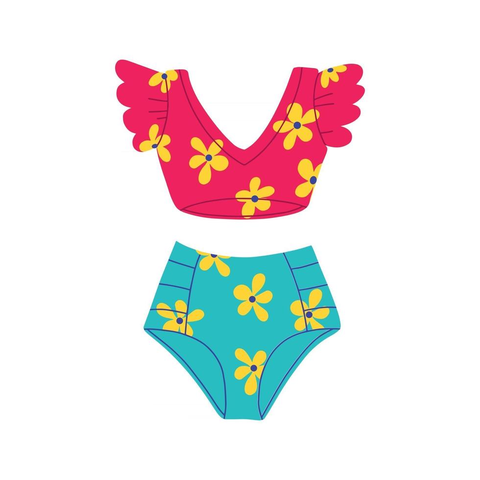 Bright swimsuit with floral print in retro style. Vector flat illustration