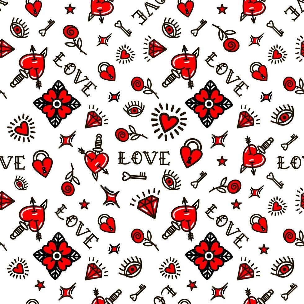 Valentines Day in old school style seamless pattern. Vector illustration. Design For Valentines Day, Stilts, Wrapping Paper, Packaging, Textiles