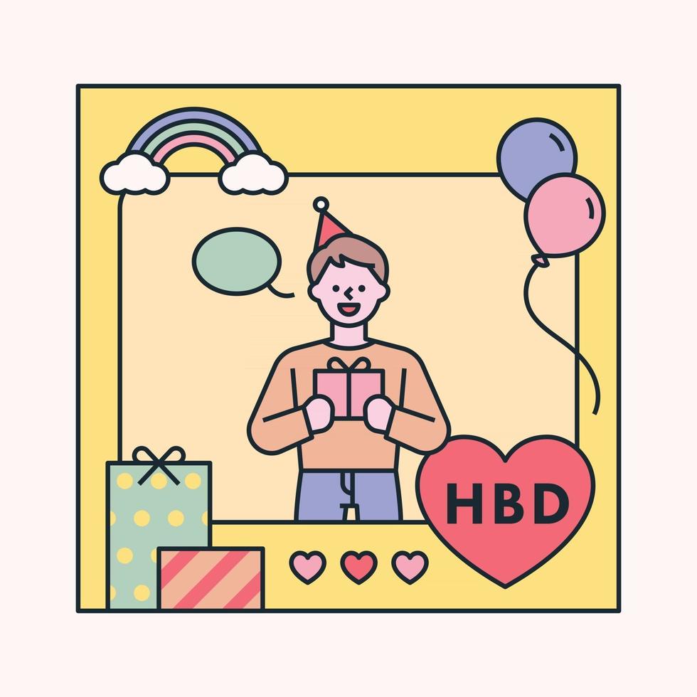 un niño en una fiesta de cumpleaños en un marco decorado con lindos iconos. Ilustración de vector mínimo de estilo de diseño plano.