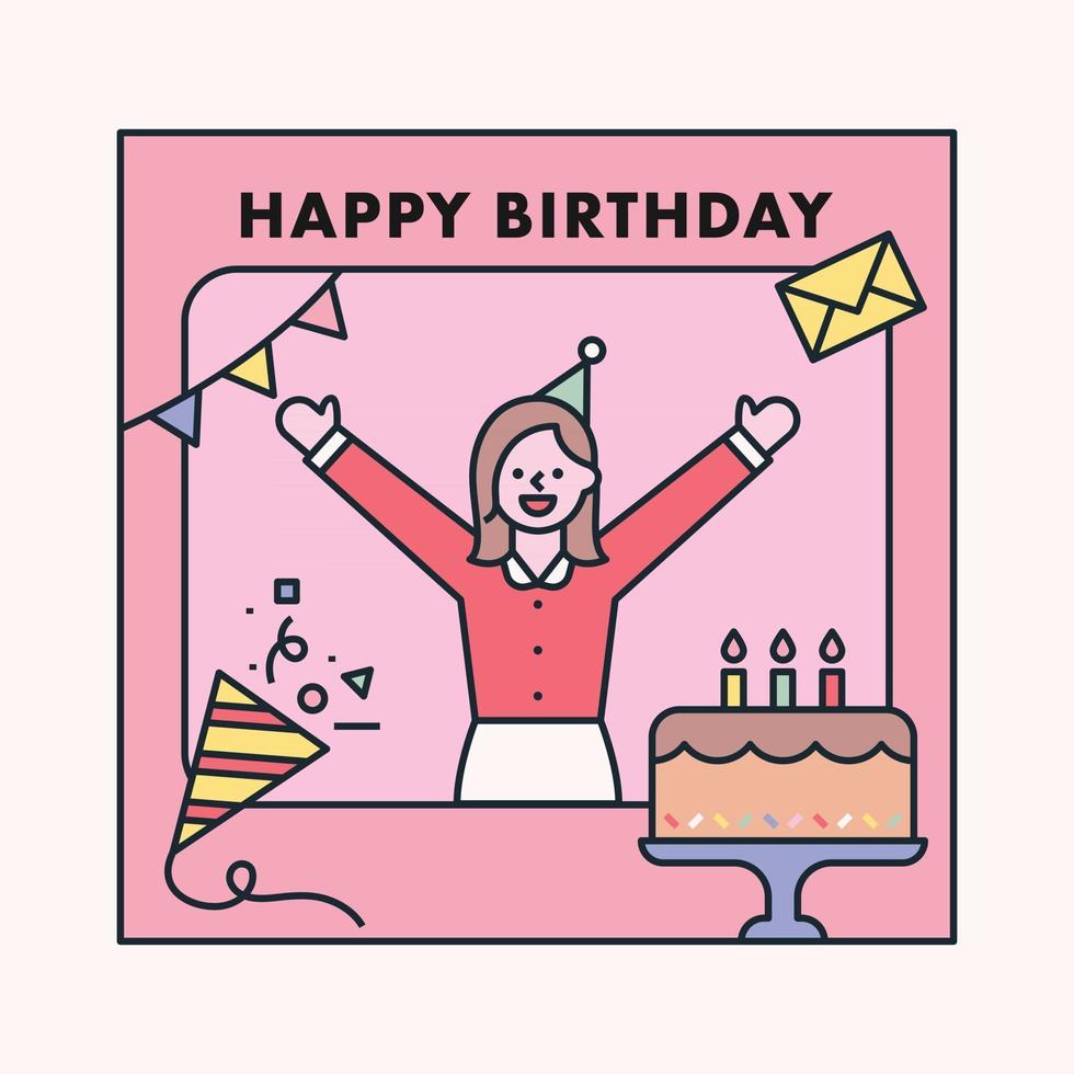 una mujer en una fiesta de cumpleaños en un marco decorado con lindos iconos. Ilustración de vector mínimo de estilo de diseño plano.