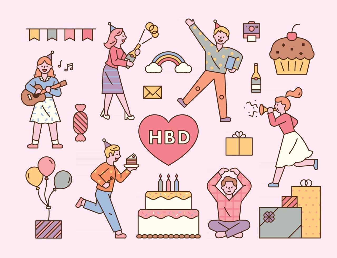Set of icons with friends who are celebrating a birthday. flat design style minimal vector illustration.