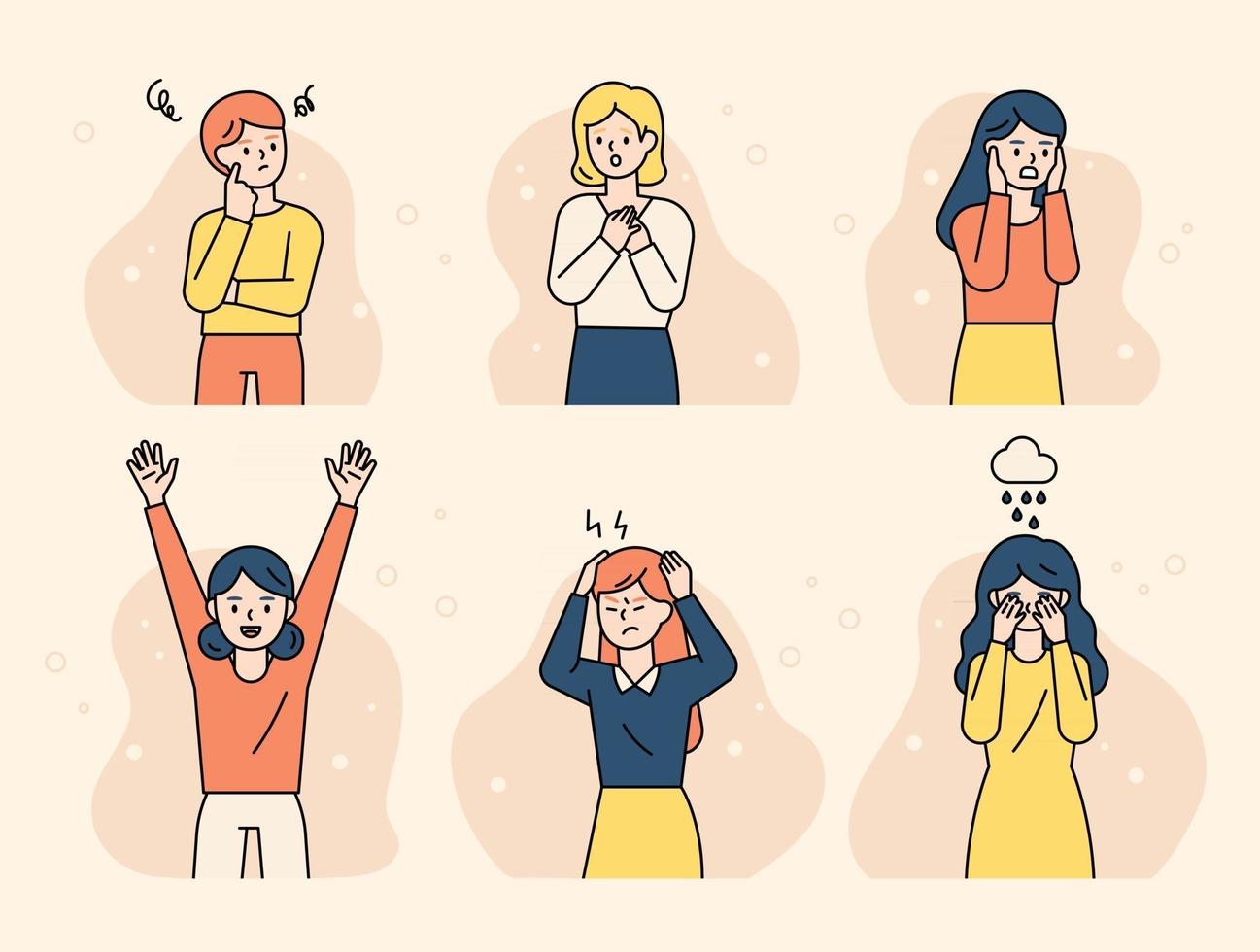 The girls are expressing various emotions. flat design style minimal vector illustration.