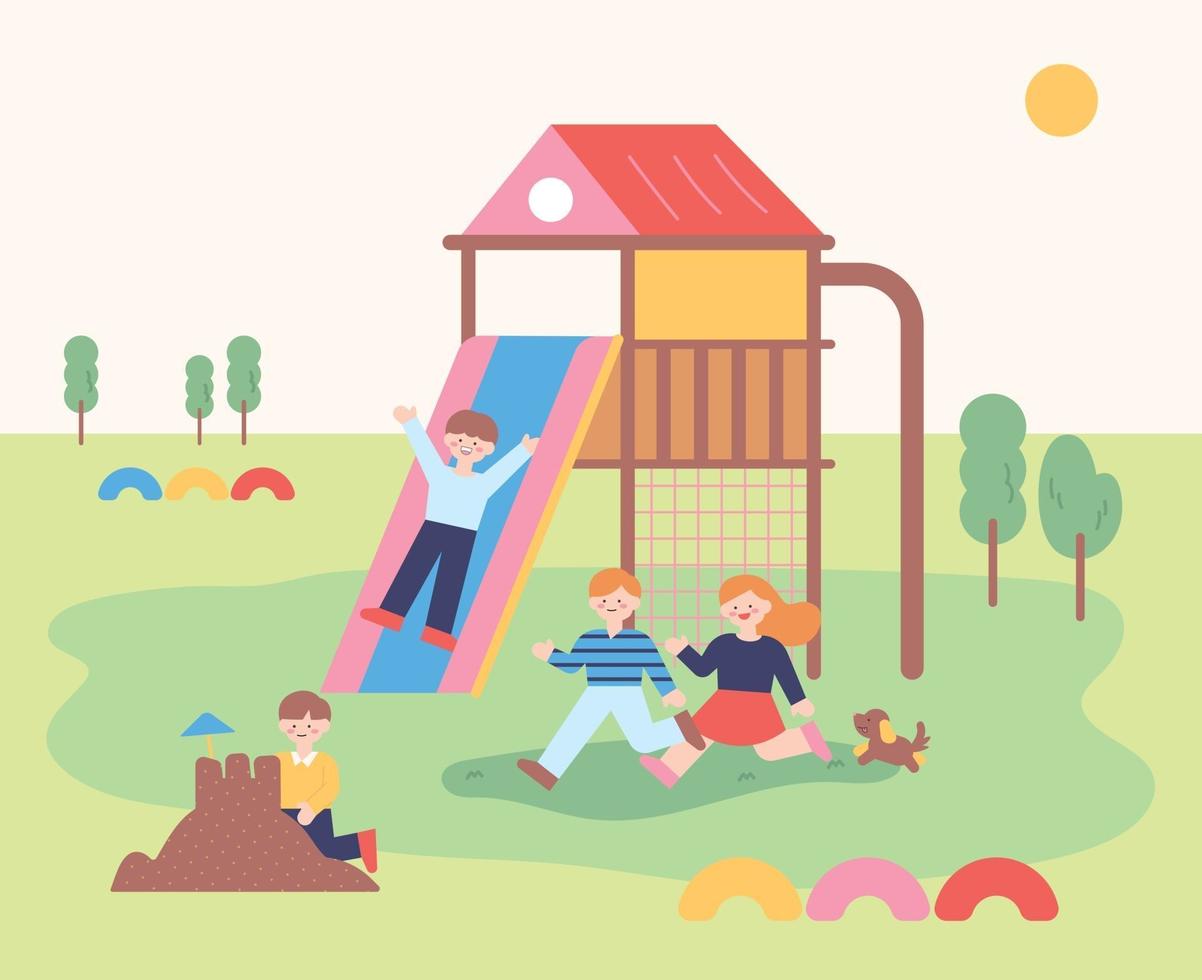 The children are playing with their friends on the playground. flat design style minimal vector illustration.