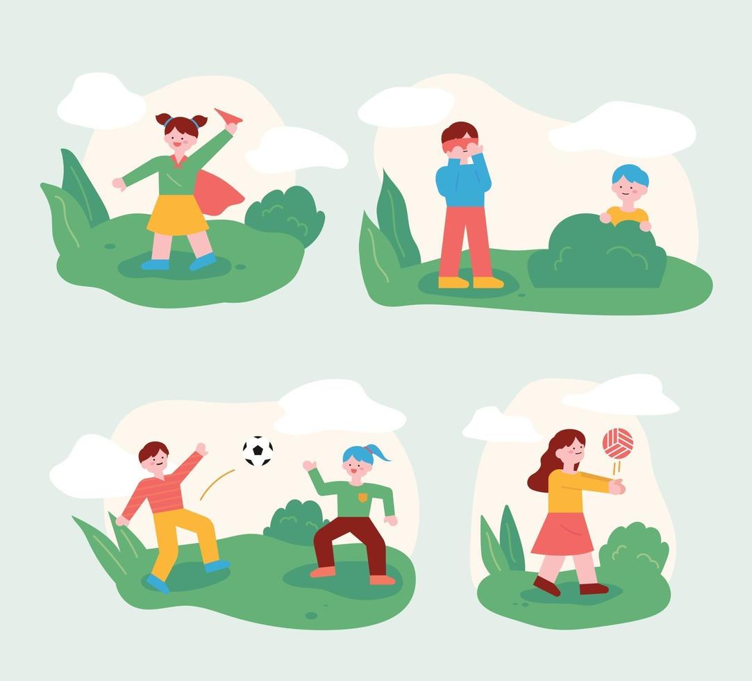 los niños juegan con sus amigos en el parque. niños jugando a la pelota o al escondite. Ilustración de vector mínimo de estilo de diseño plano.