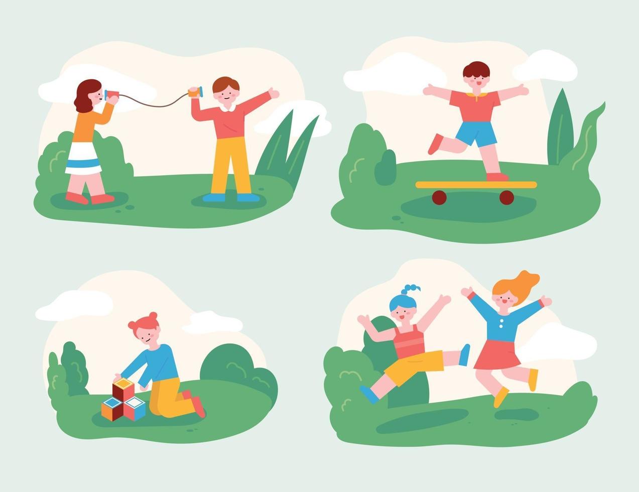 los niños juegan con sus amigos en el parque. niños que juegan con amigos y niños que juegan bien solos. Ilustración de vector mínimo de estilo de diseño plano.