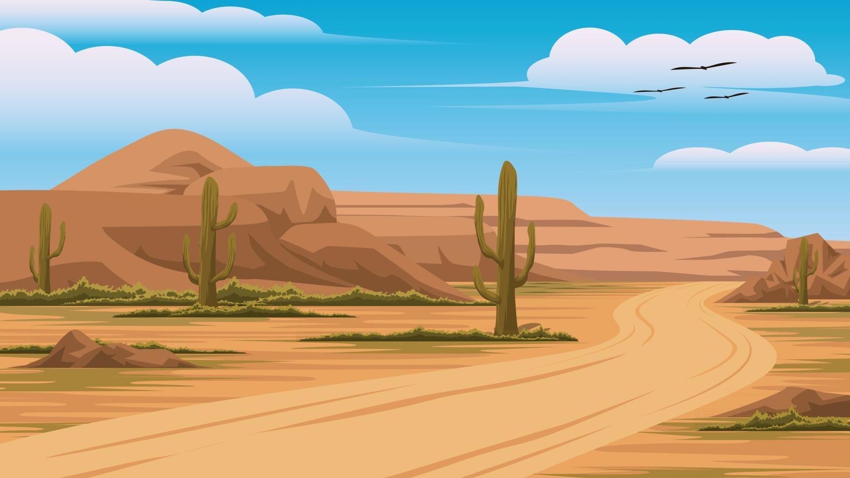 Ilustración de una vista del cielo de las montañas del desierto y cactus a ambos lados de una pequeña carretera vector