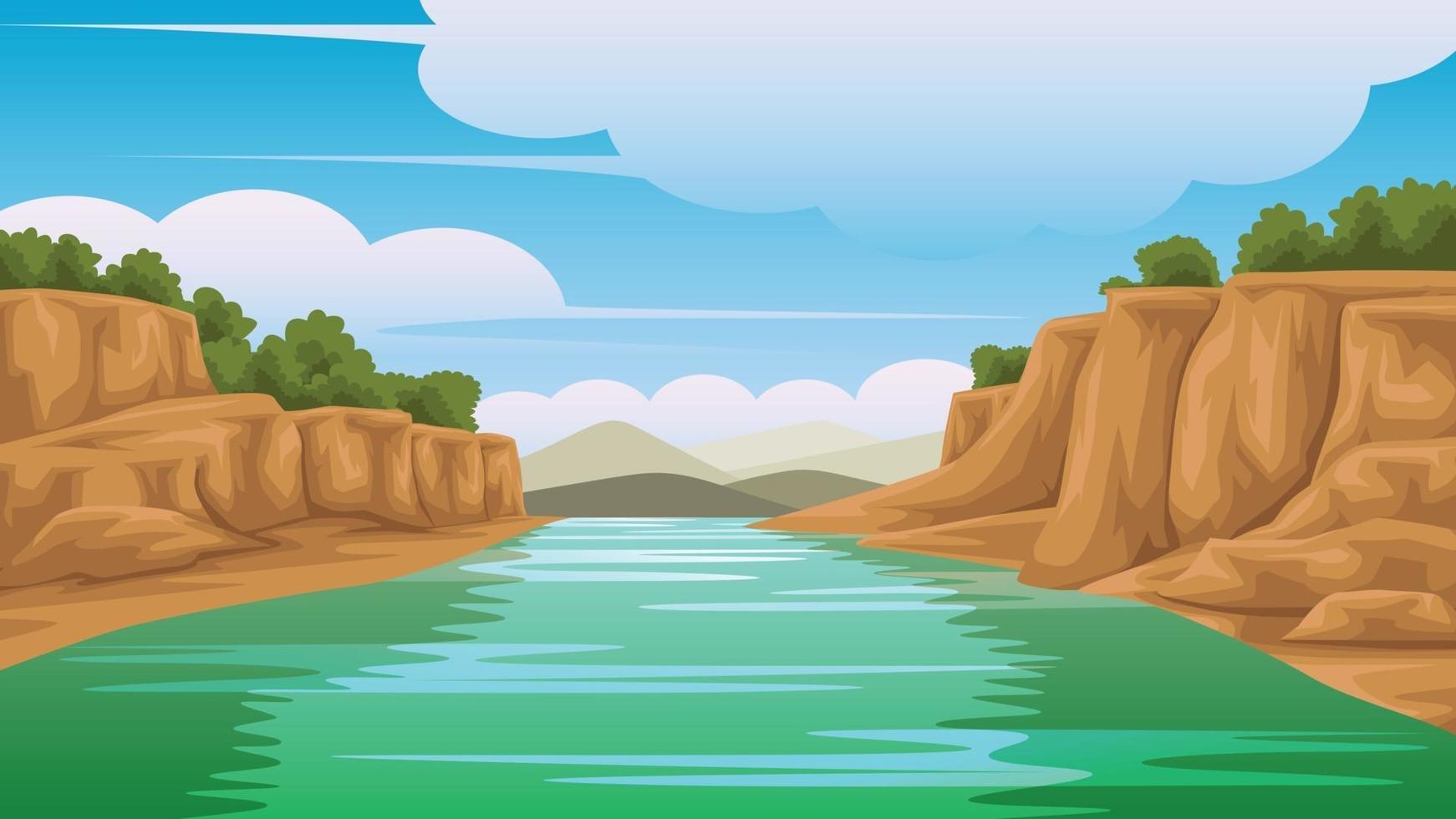 La ilustración de una vista del río en el lado es rocosa y hay montañas. vector