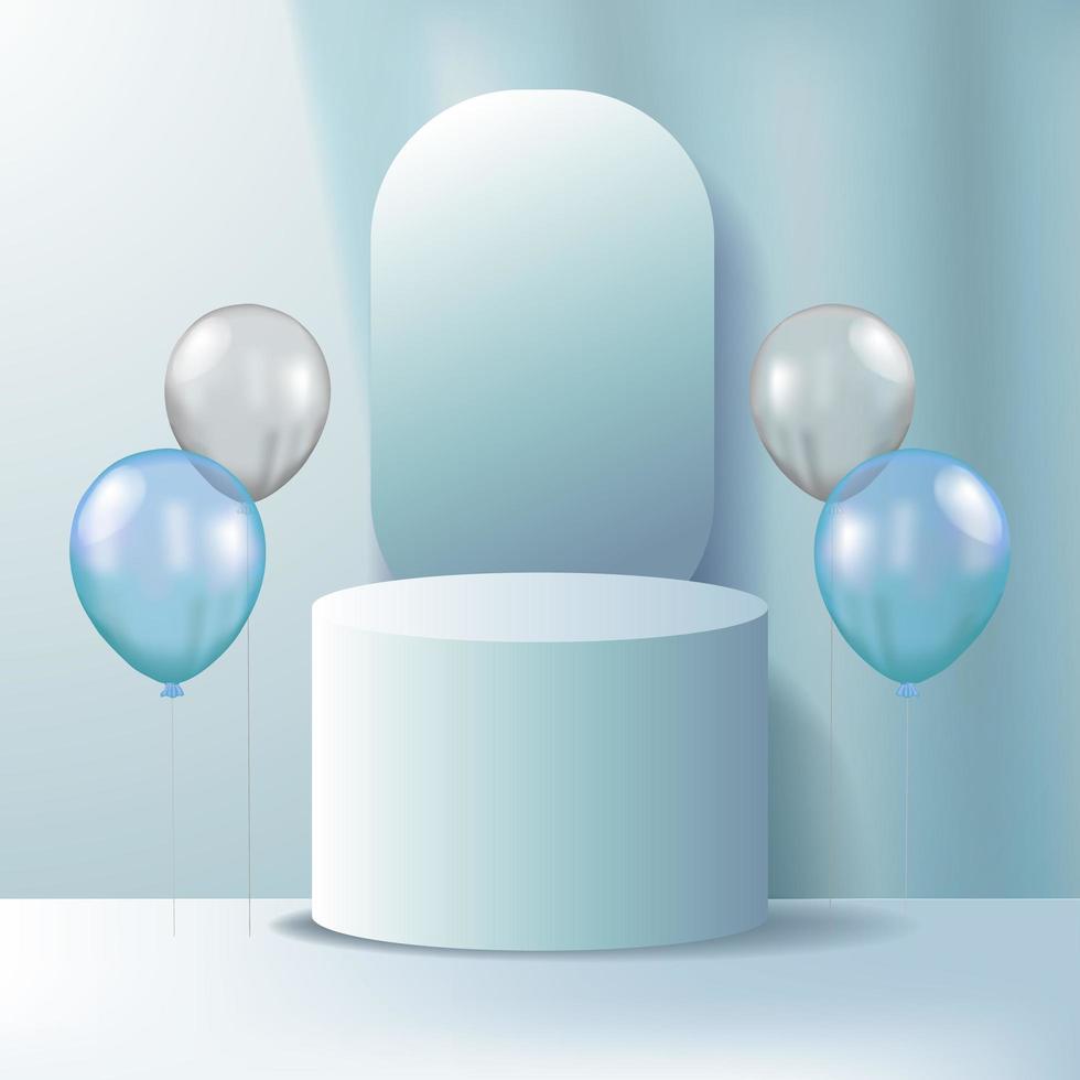 3d cylinder podium pedestal product display with flying helium pastel green color vector