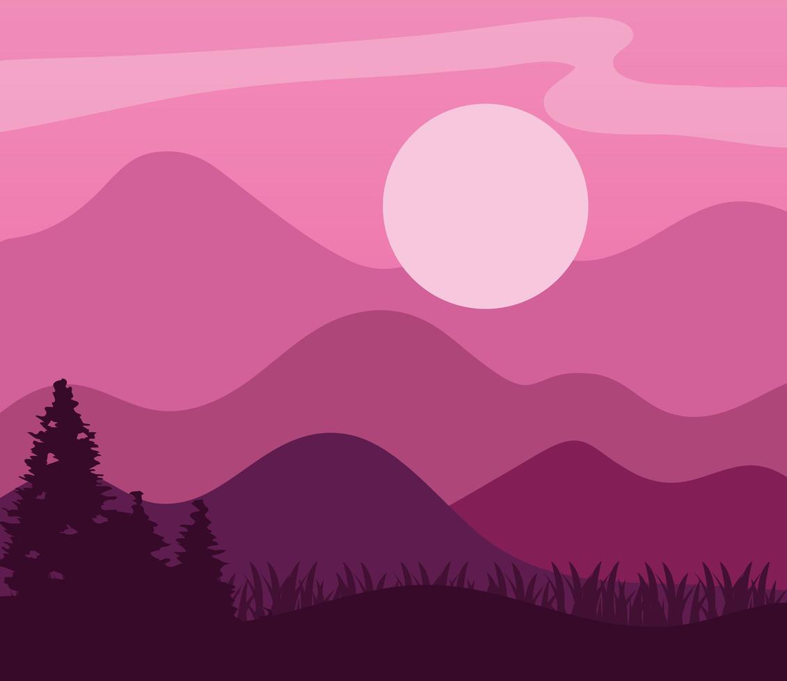 paisaje de montañas, pinos y sol sobre fondo rosa diseño vectorial vector