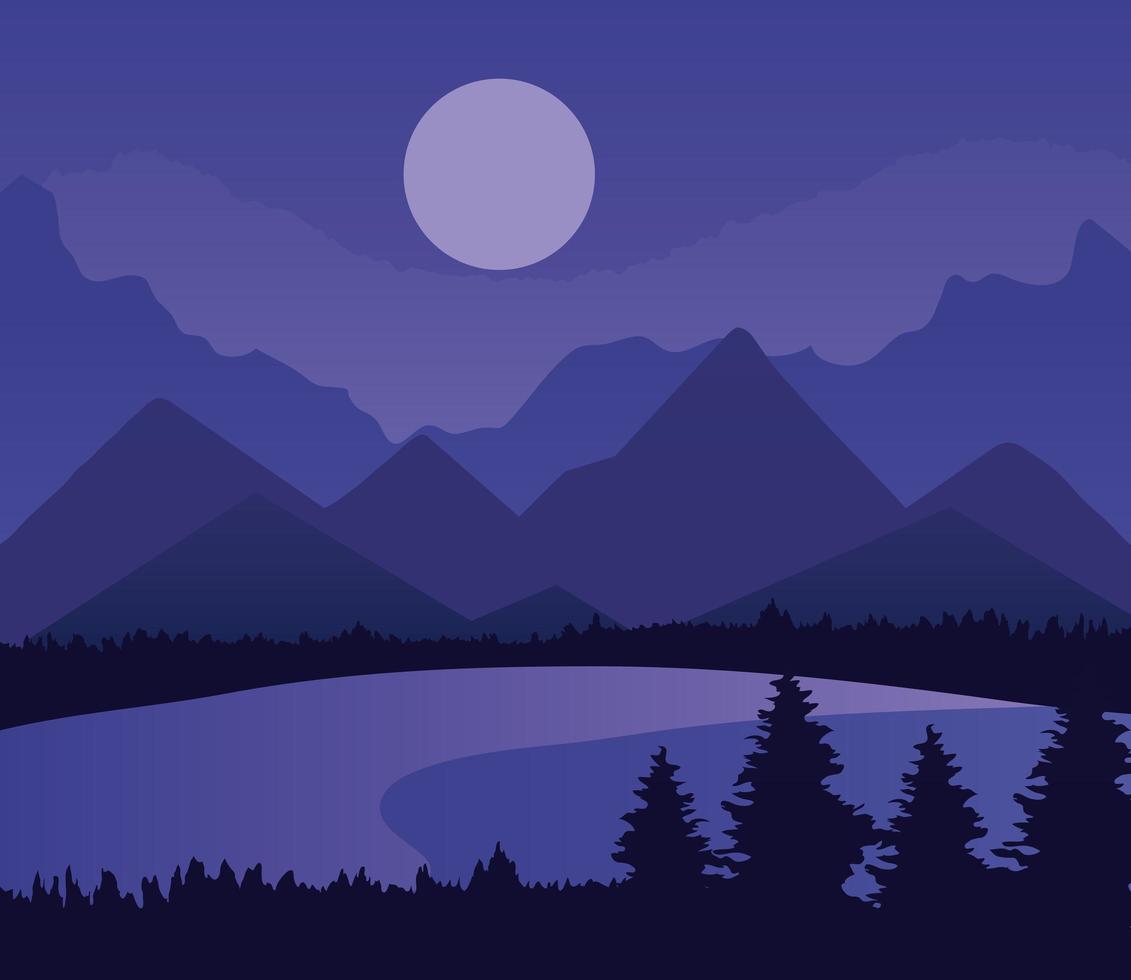 landscape of mountains, pine trees, lake and moon on purple background vector design