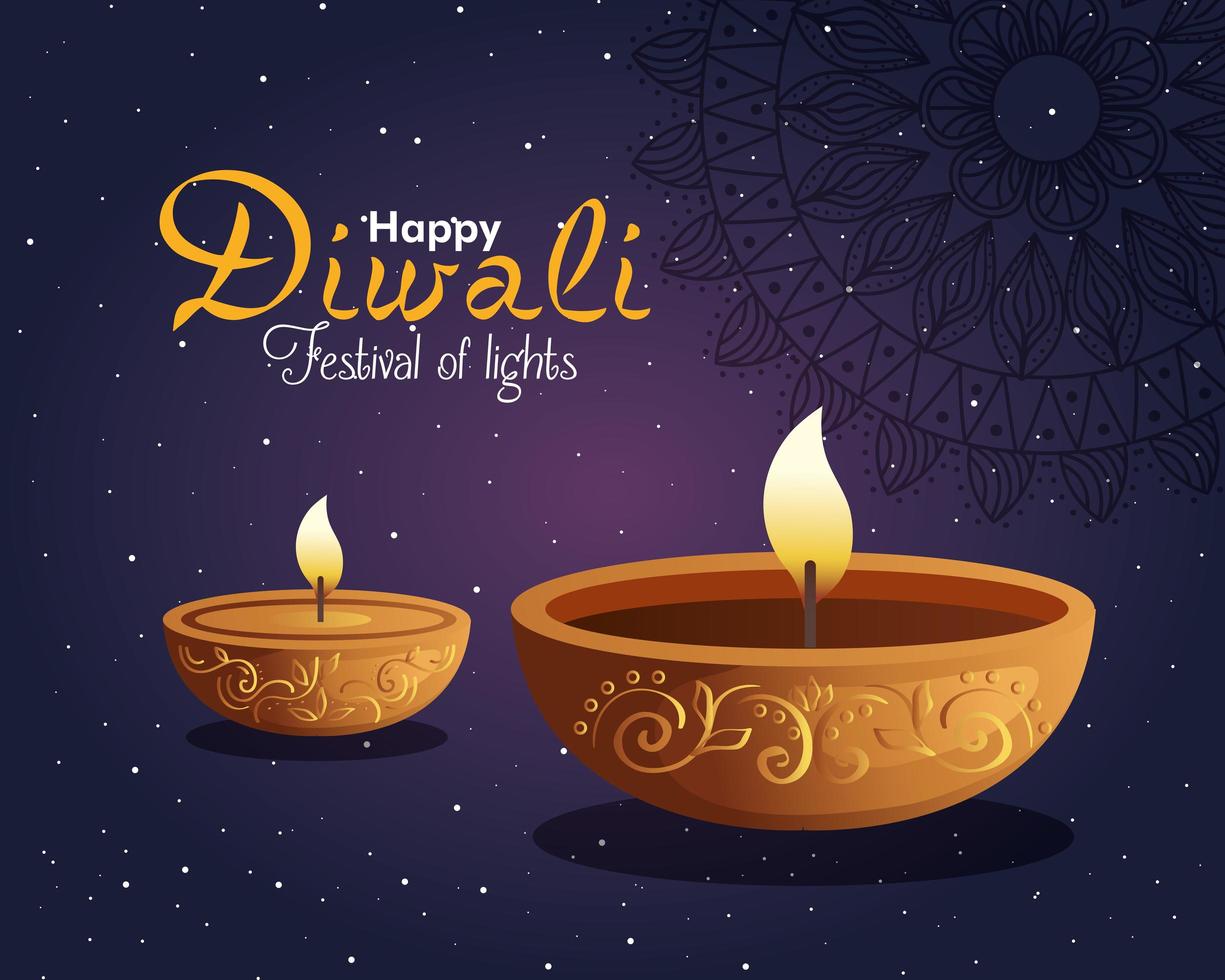 Feliz diwali diya velas con mandala y estrellas sobre fondo púrpura diseño vectorial vector