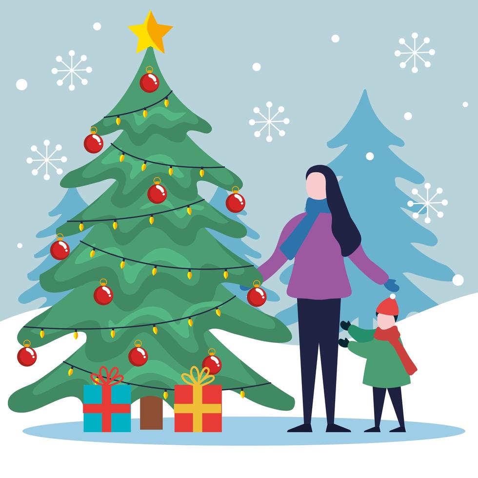 merry christmas mother and daughter with pine tree and gifts vector design