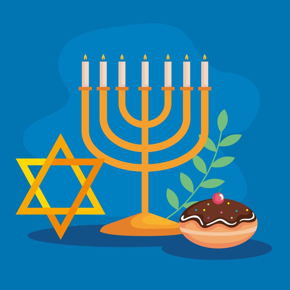 Happy hanukkah menorah, star and sufganiot vector design