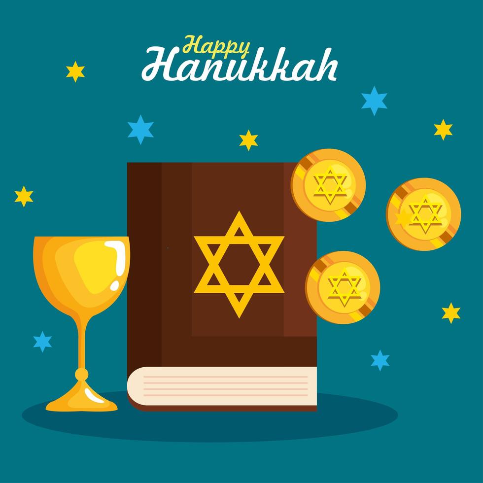 Happy hanukkah torah, gelt and cup vector design