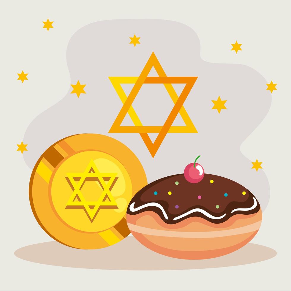 Happy hanukkah sufganiot, gelt and star vector design