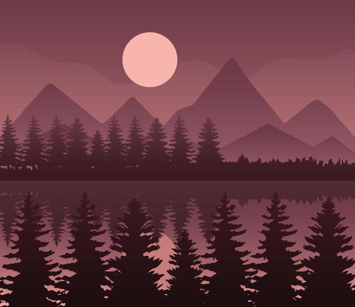 landscape of mountains, lake, pine trees and moon on brown background vector design