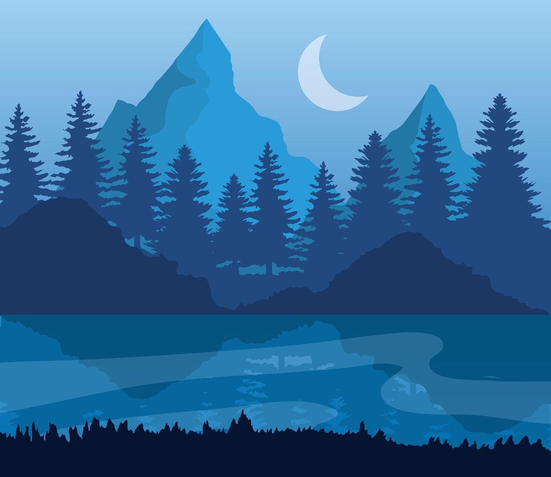 landscape of mountains, lake, pine trees and moon on blue background vector design