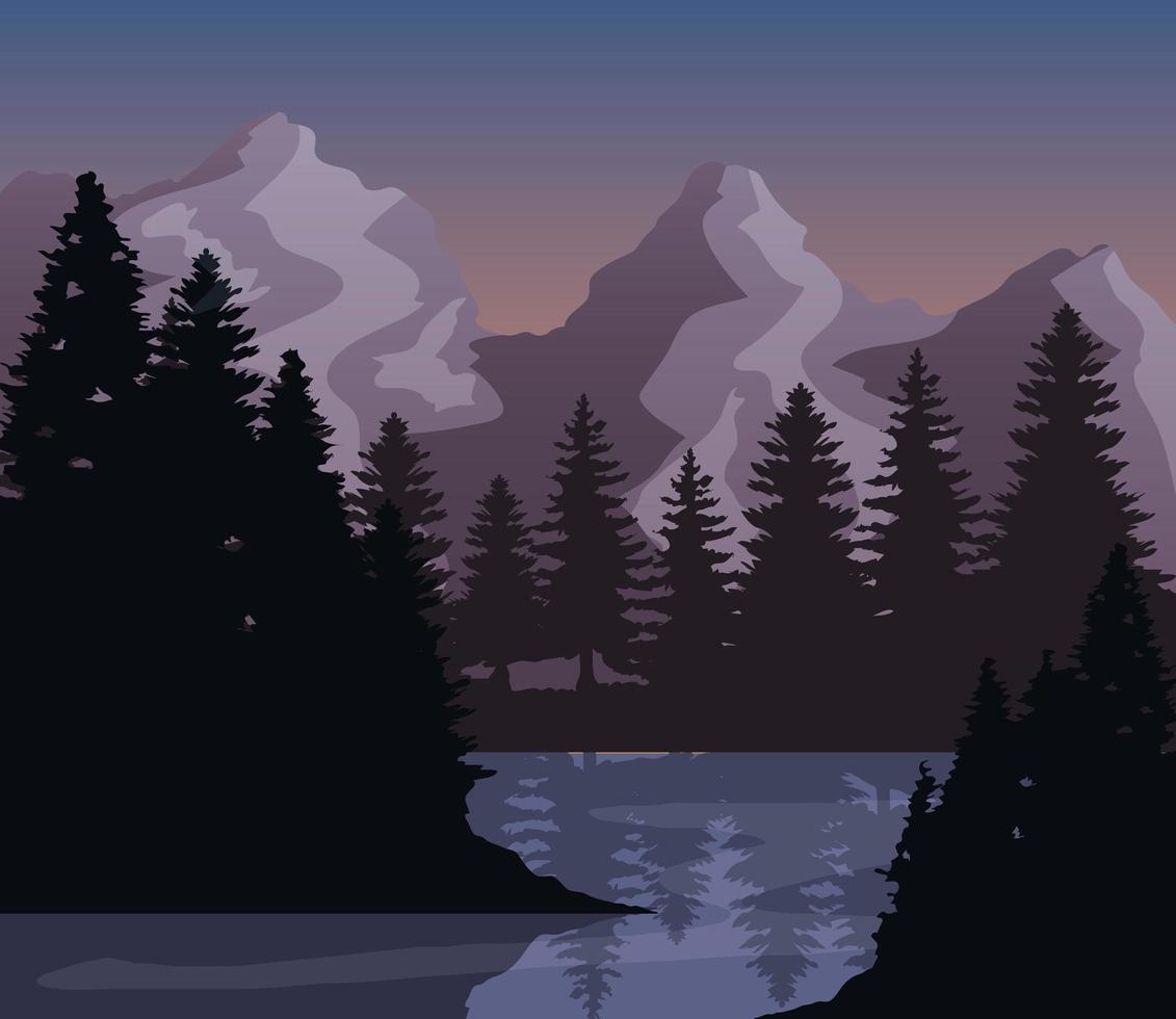Landscape of mountains, pine trees and lake vector design