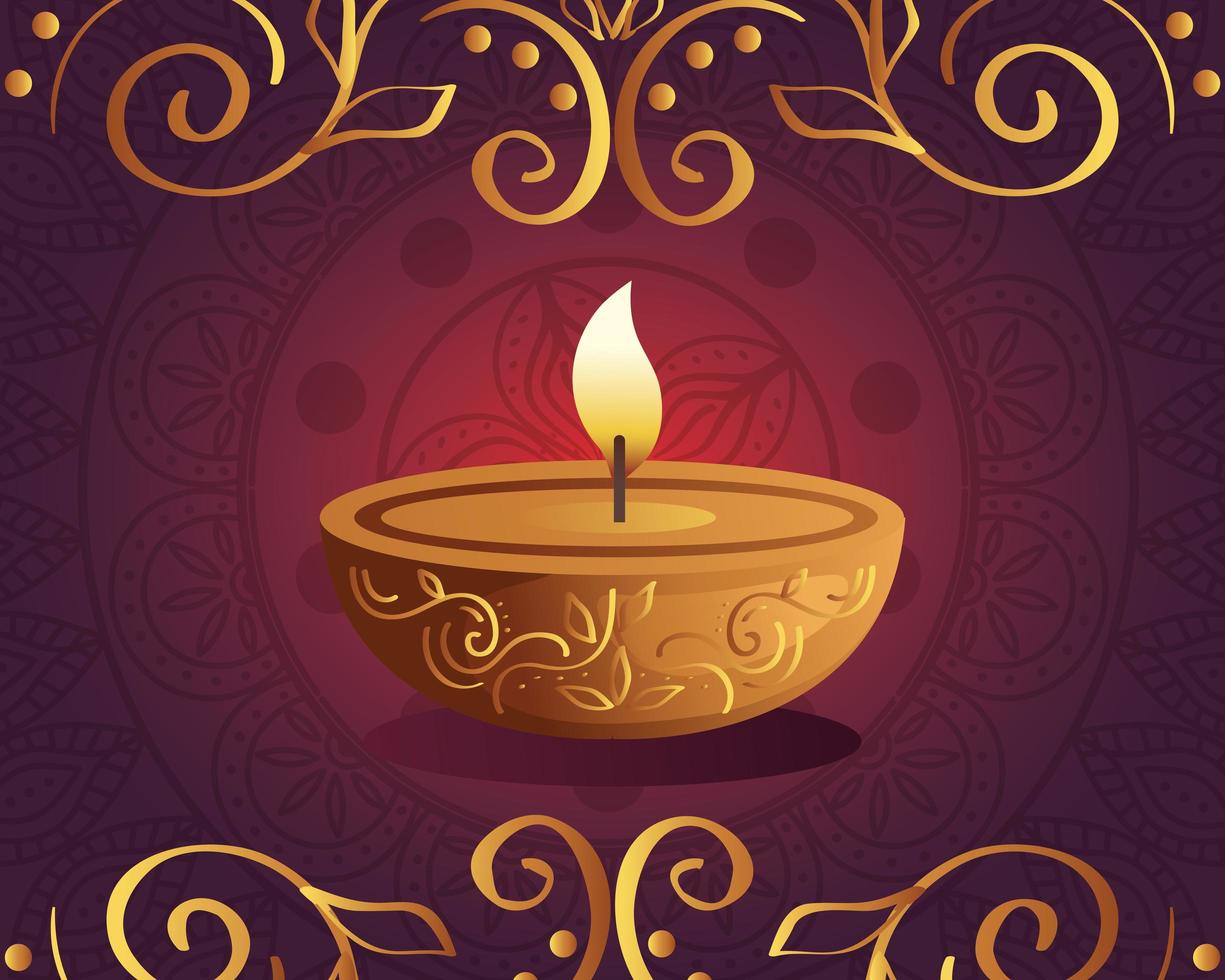 Happy diwali diya candle with mandala and ornament on red background vector design