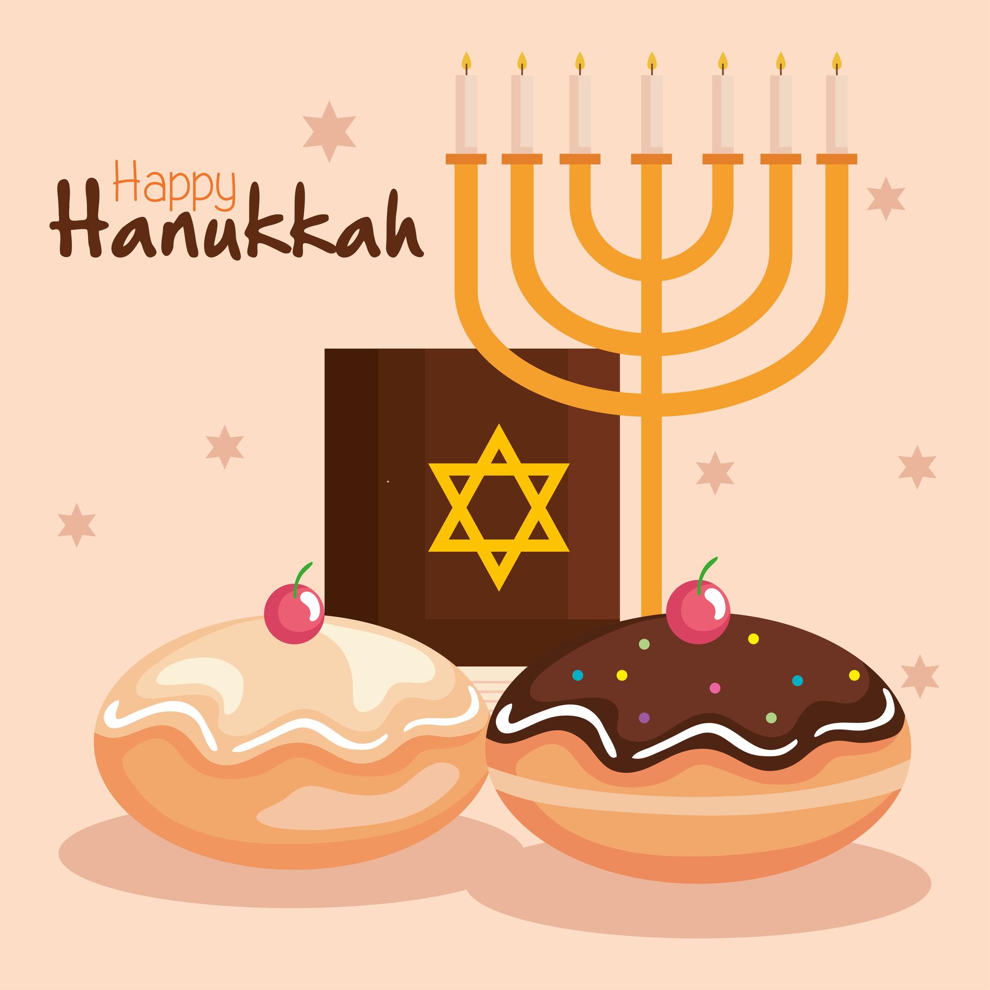 feliz hanukkah menorah, torah y sufganiot vector design 2531683 Vector
