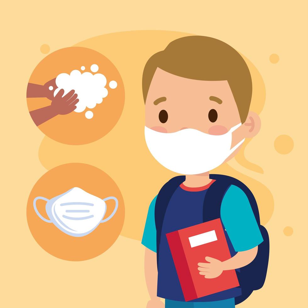 New normal school of boy kid with mask, book and hands washing vector design