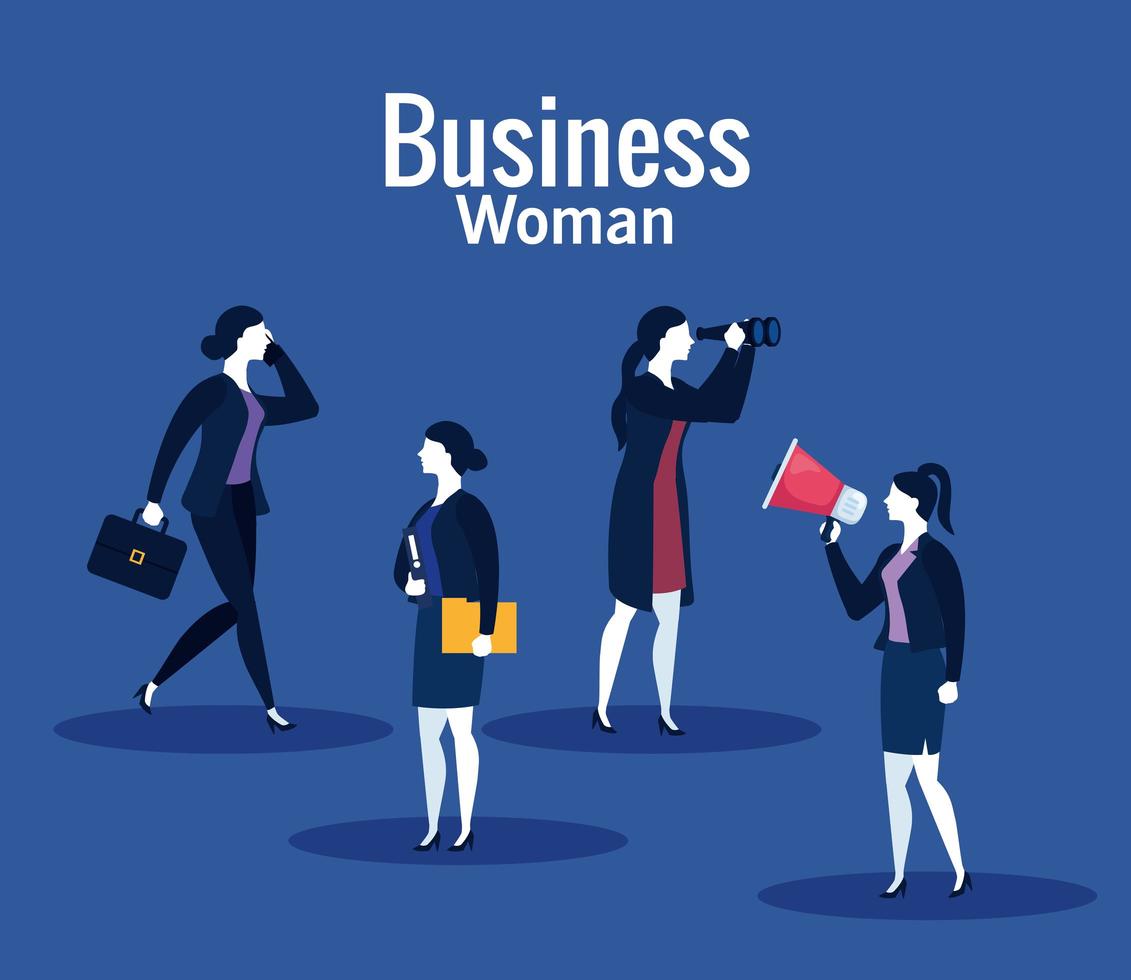 Businesswomen with megaphone, suitcase, file and binoculars on blue background vector design