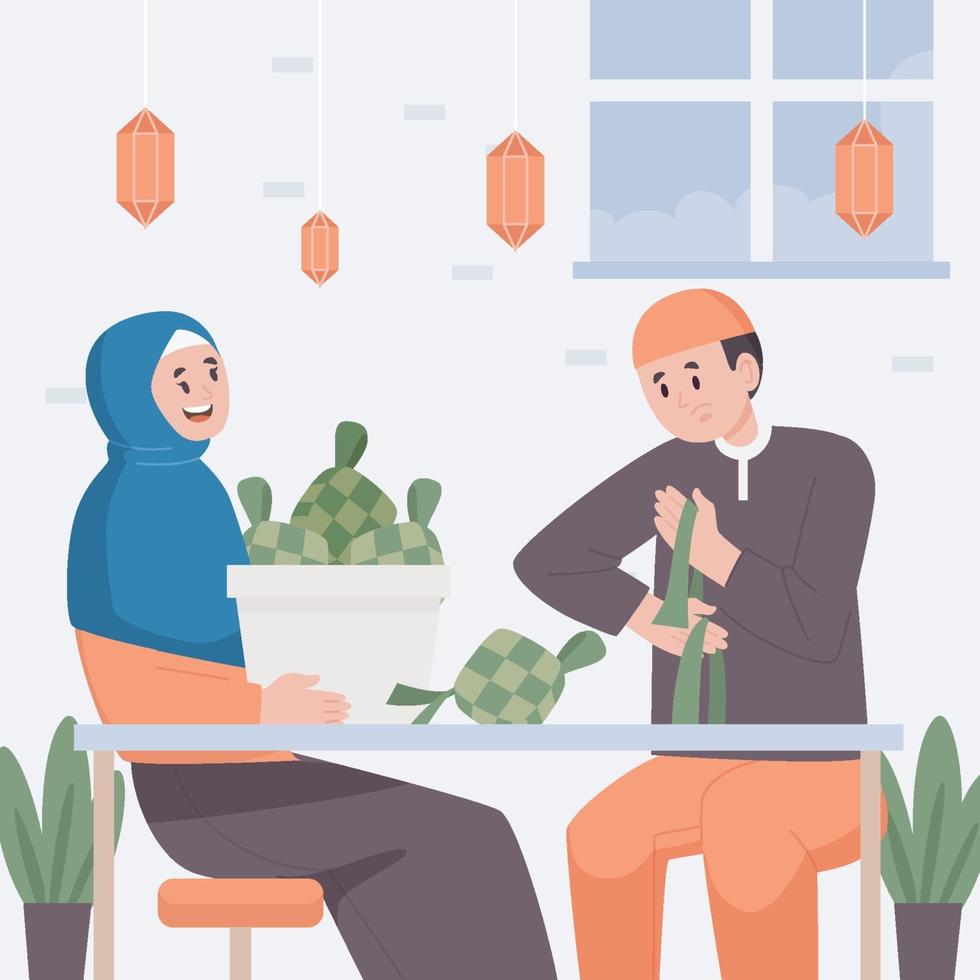 Eid Ketupat Concept With Couple Making Ketupat vector