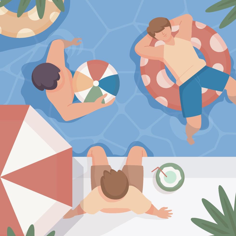 concepto de verano con gente relajándose en la piscina. vector