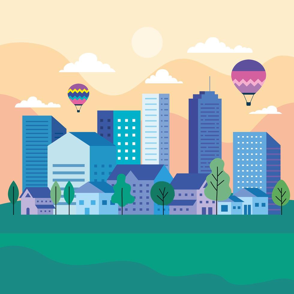 City landscape with buildings, houses, hot air balloons, trees, sun and clouds vector design