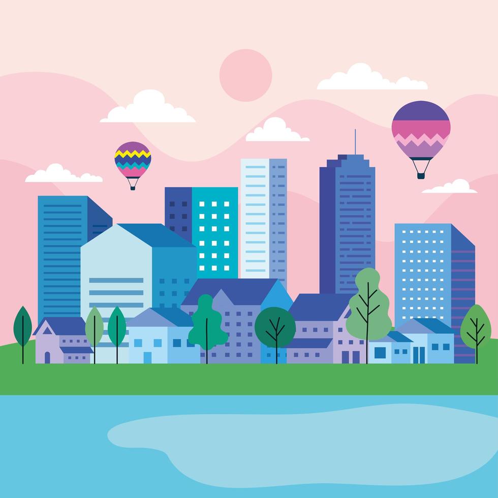 City landscape with buildings, houses, hot air balloons, trees, sun and clouds vector design