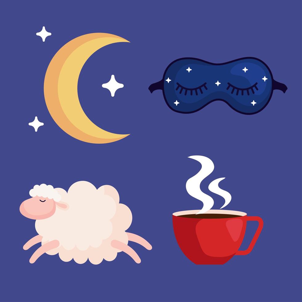 insomnio. diseño de vector de taza de luna, máscara, oveja y cafeína