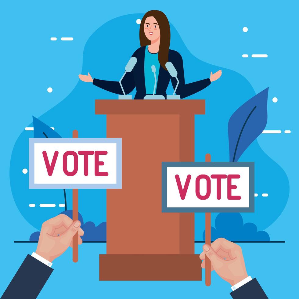 Election day, woman on podium. Hands holding vote banners vector design