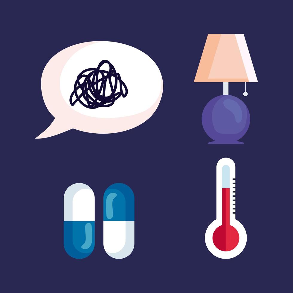 Insomnia. Stress bubble, lamp, pills and thermometer vector design