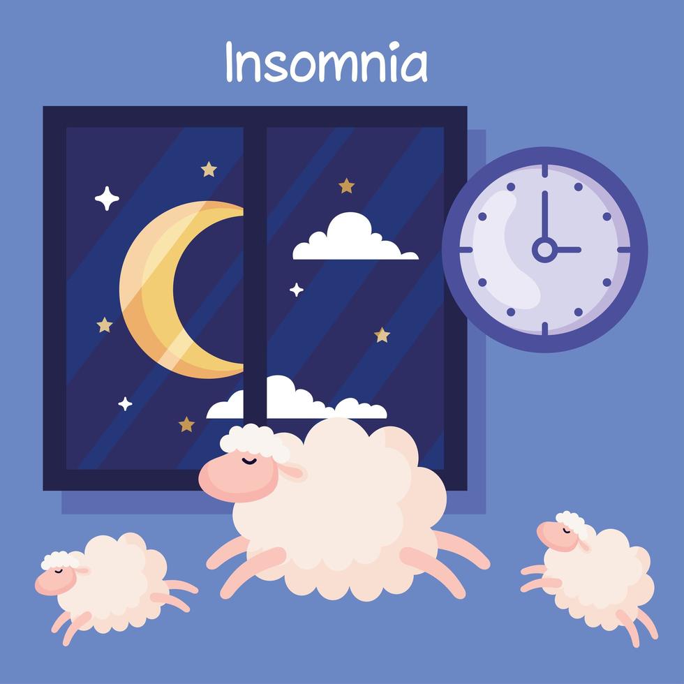 insomnia sheeps, clock and moon at window vector design