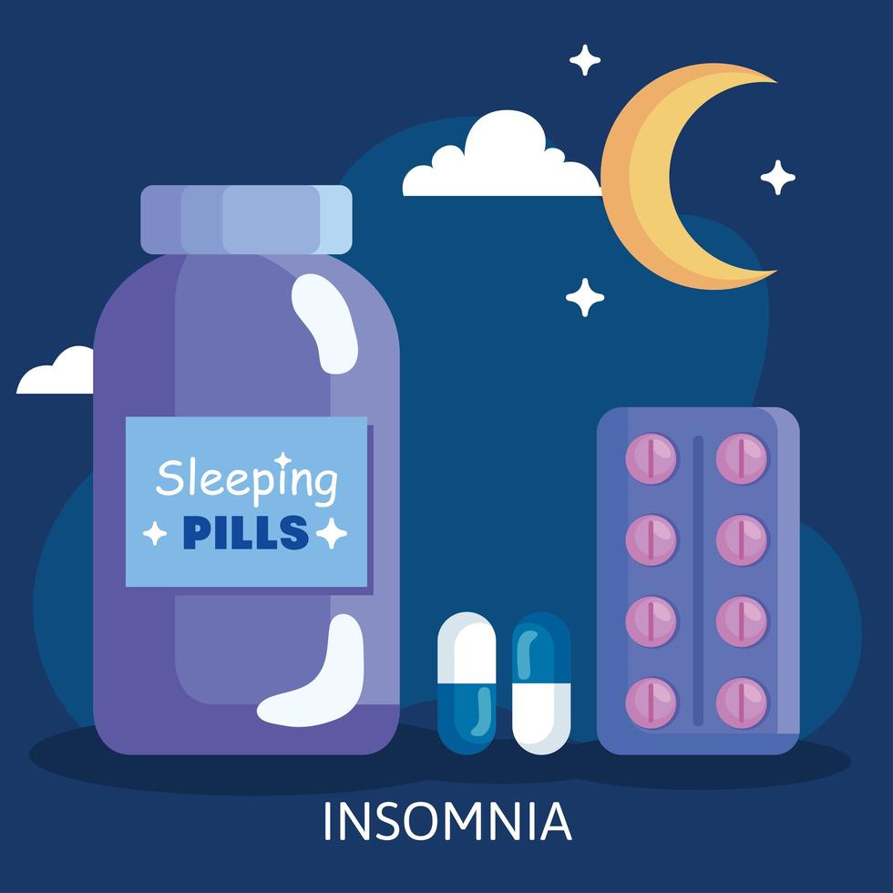 insomnio. pastillas, tarro y diseño vectorial de luna vector