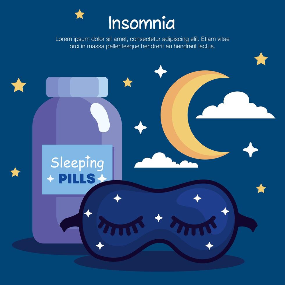 insomnia mask, pills, jar and moon vector design