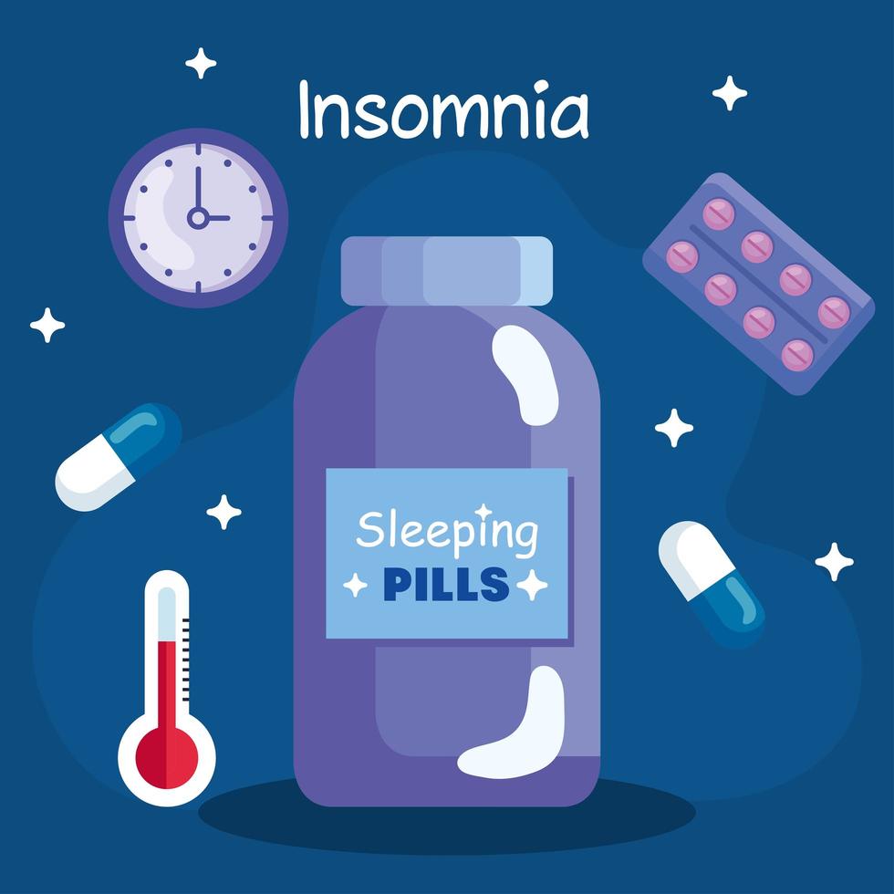 insomnia pills, jar, clock and thermometer vector design