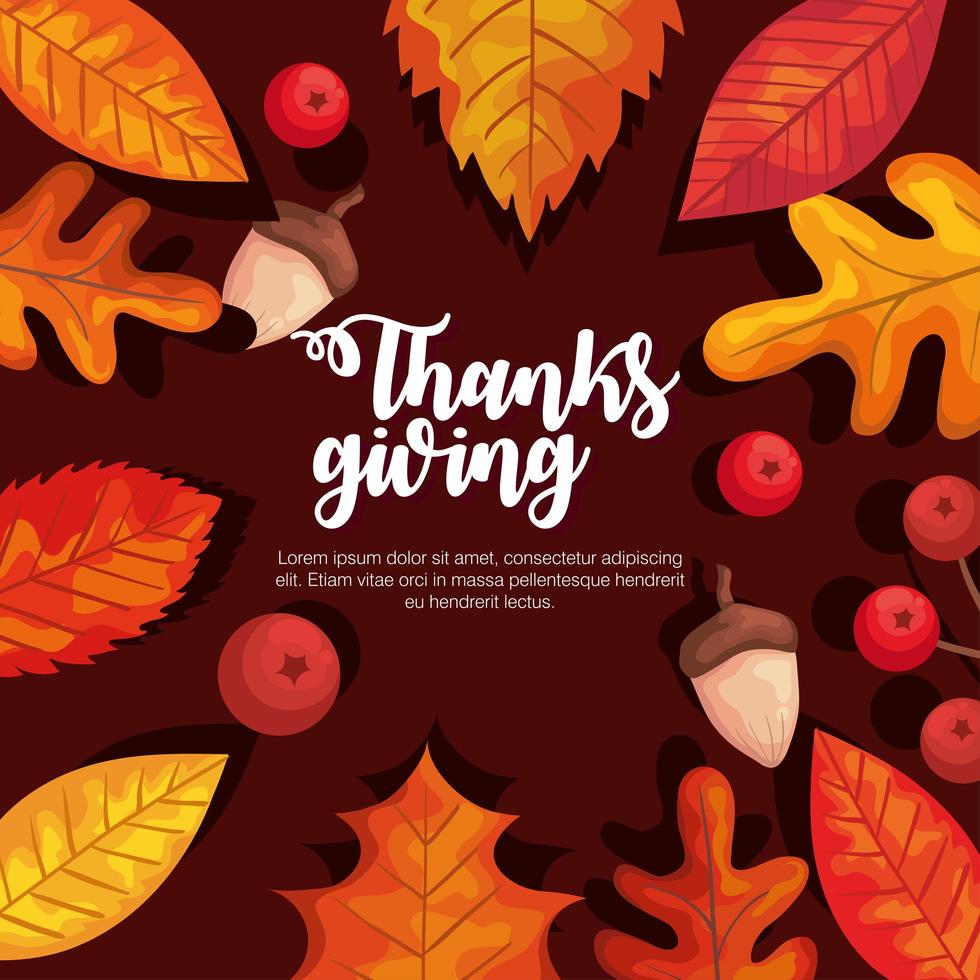 día de acción de gracias hojas de otoño, bayas y bellotas diseño vectorial vector