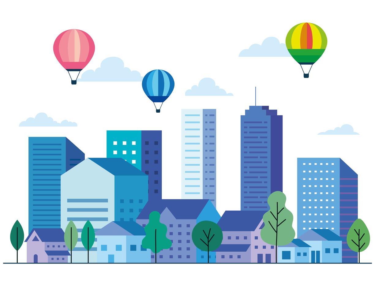 City landscape with buildings, houses, hot air balloons, trees and clouds vector design