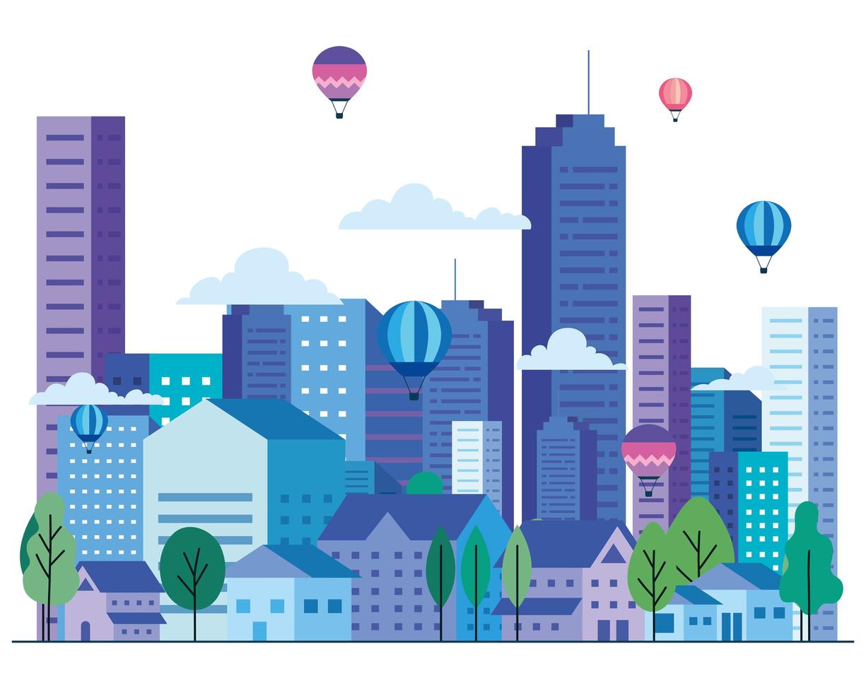 City landscape with buildings, houses, hot air balloons, trees and clouds vector design